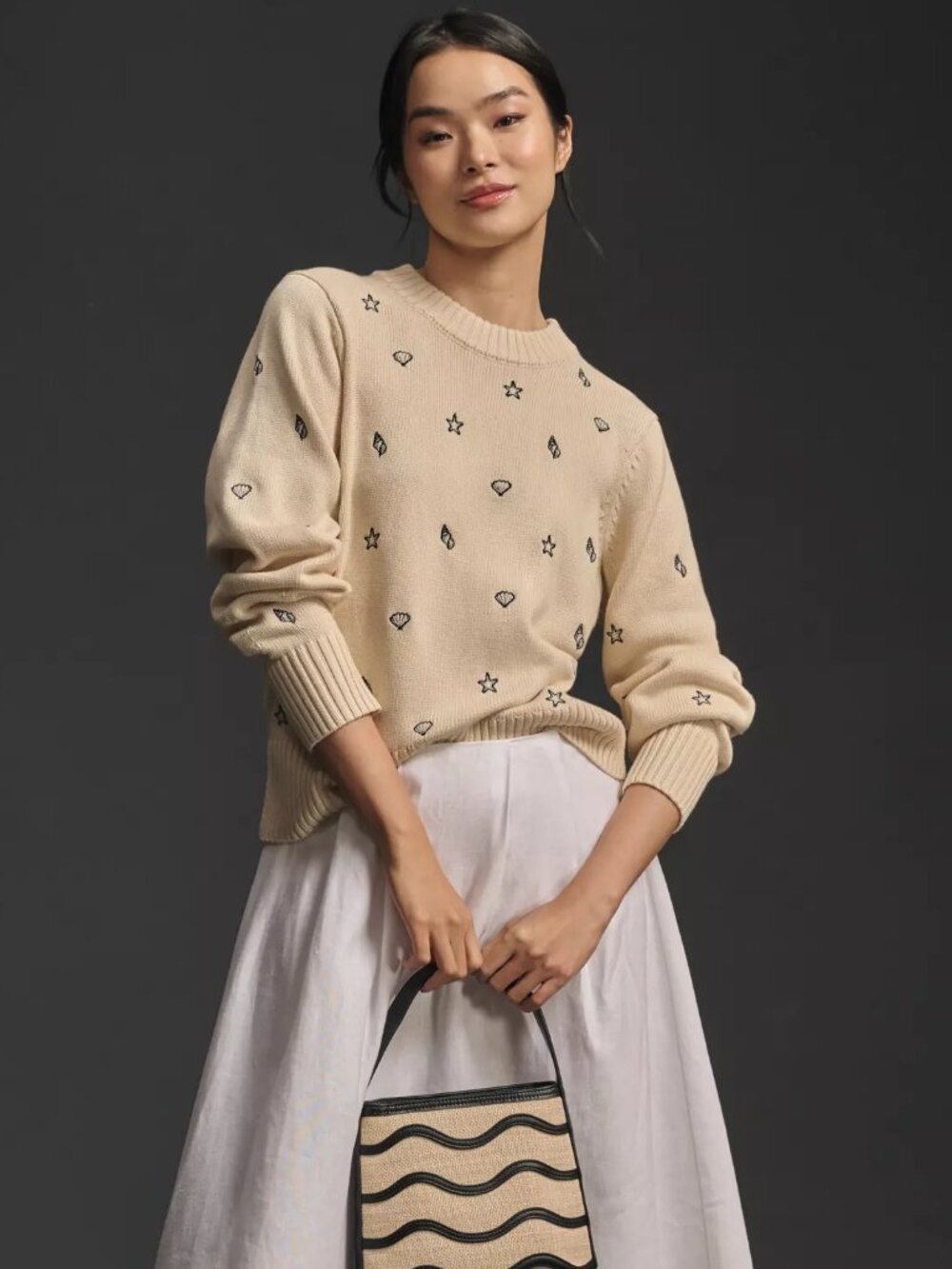 Anthropologie ENGLISH FACTORY Ivory Shell Embroidered Crew Neck Sweater, Size XS